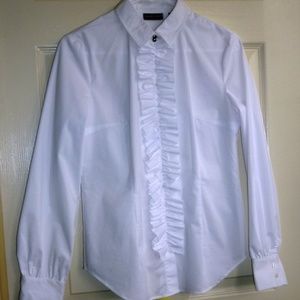 New York & Company White Ruffle Button Down Shirt
